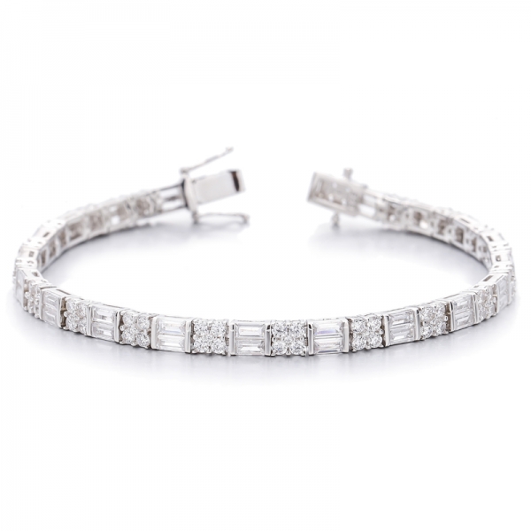 Baguette Blue Nano And Round White Cubic Zircon Rhodium Silver Bracelet 