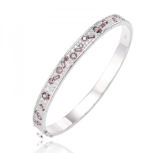 Oval Shape Ruby Corundum And Round White Cubic Zircon Rhodium Silver Bangle 
