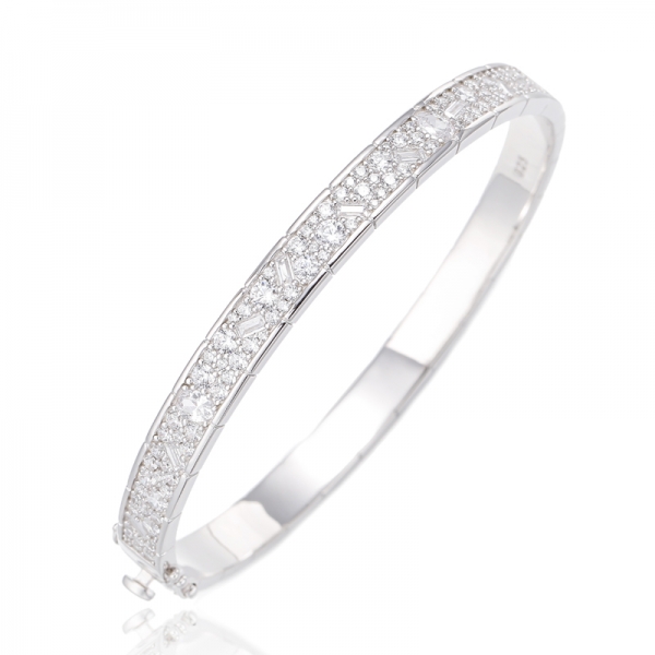 Oval Shape Ruby Corundum And Round White Cubic Zircon Rhodium Silver Bangle 
