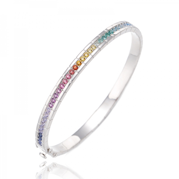 Round Rainbow Color Cubic Zircon Rhodium Silver Bangle 