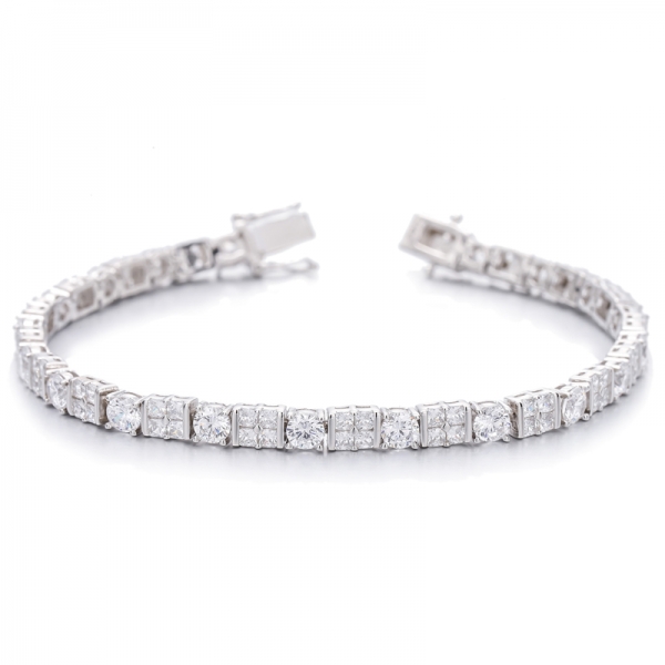 Round Green Nano And Octagon White Cubic Zircon Rhodium Silver Bracelet 