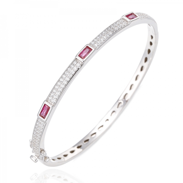 Baguette Ruby Corundum And Round White Cubic Zircon Rhodium Silver Bangle 