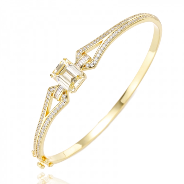 Emerald Cut Morganite Nano And Baguette White Cubic Zircon Silver Bangle With Rose Gold Plating 