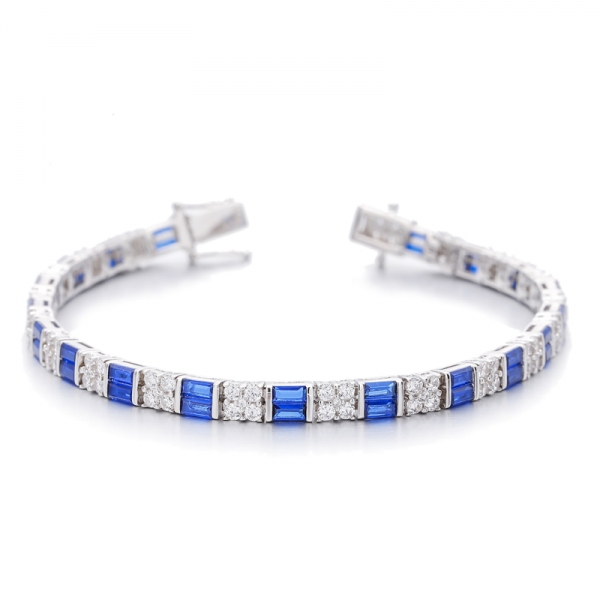 Baguette Blue Nano And Round White Cubic Zircon Rhodium Silver Bracelet 