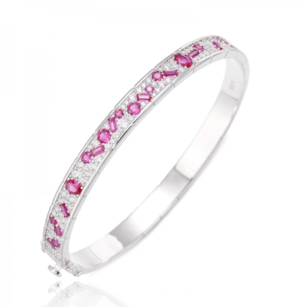 Oval Shape Ruby Corundum And Round White Cubic Zircon Rhodium Silver Bangle 