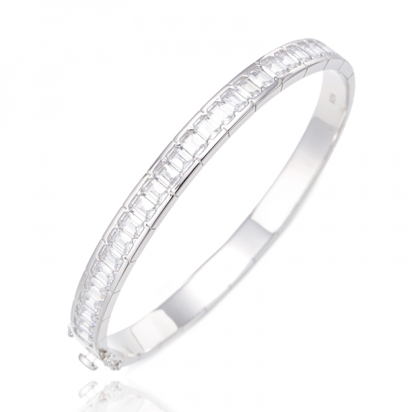 Emerald Cut Blue Nano And White Cubic Zircon Rhodium Silver Bangle 