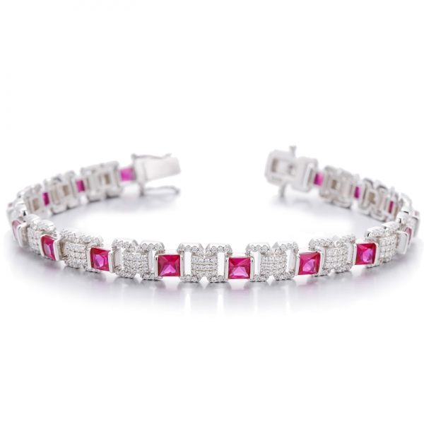 Square Ruby Corundum And Round White Cubic Zircon Rhodium Silver Bracelet 