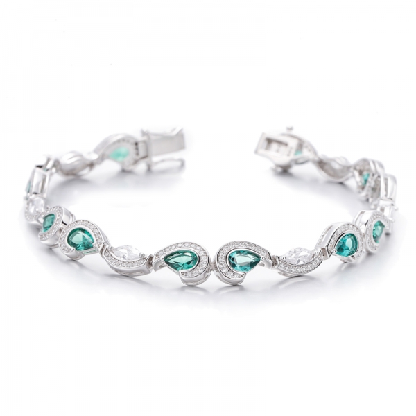 Pear Shape Green Nano And Marquise White Cubic Zircon Rhodium Silver Bracelet 