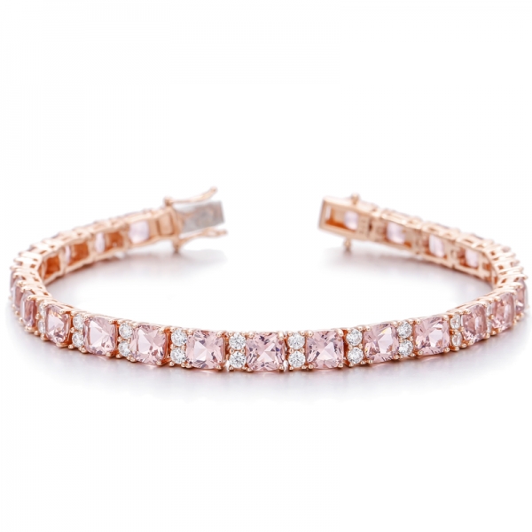 Cushion Morganite Nano And Round White Cubic Zircon Silver Bracelet With Rose Gold Plating 