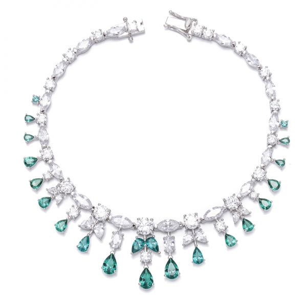 Pear Shape Green Nano And Marquise White Cubic Zircon Rhodium Plating Silver Bracelet 