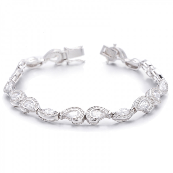 Pear Shape Green Nano And Marquise White Cubic Zircon Rhodium Silver Bracelet 