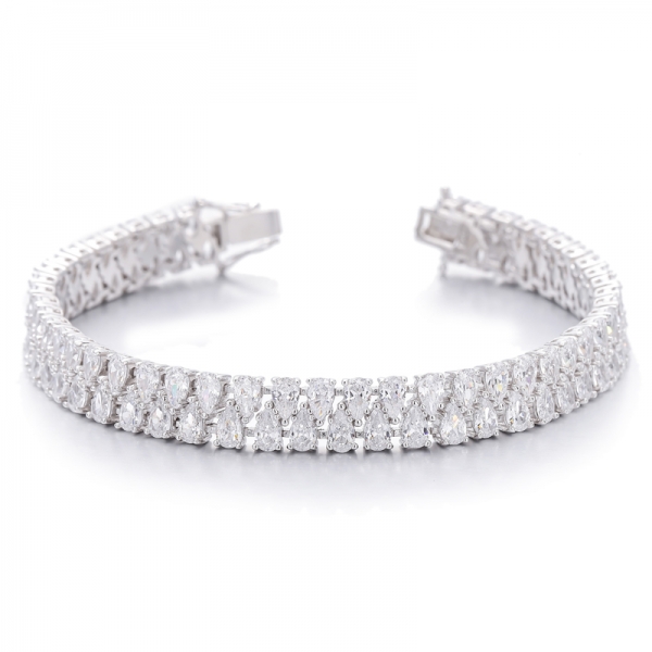 Pear Shape Green Nano And White Cubic Zircon Rhodium Silver Bracelet 