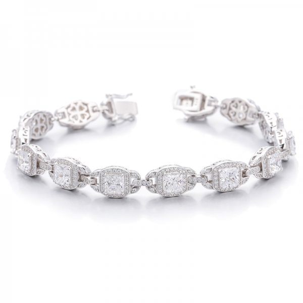 Octagon Tanzanite And Round White Cubic Zircon Rhodium Silver Bracelet 