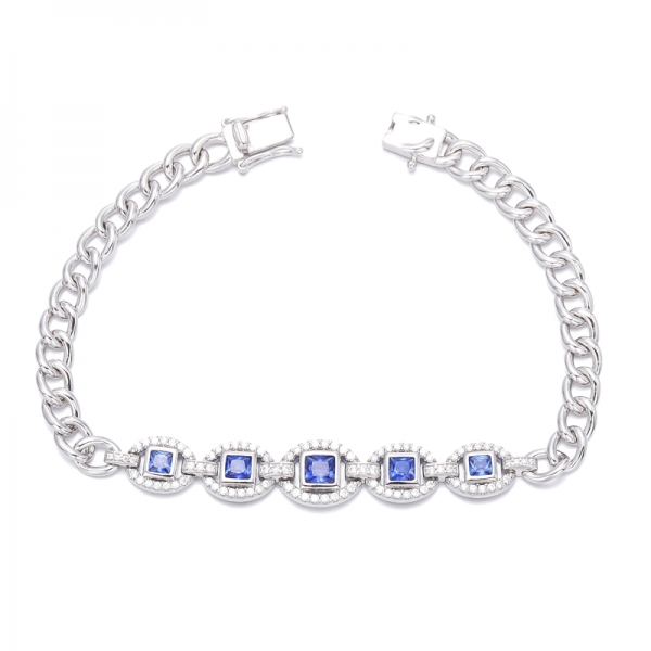 Square Blue Nano And Round White Cubic Zircon Rhodium Silver Bracelet 