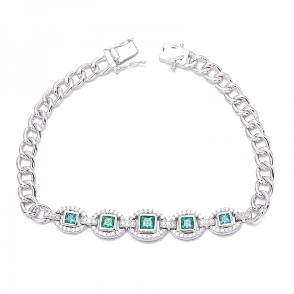 Square Blue Nano And Round White Cubic Zircon Rhodium Silver Bracelet 