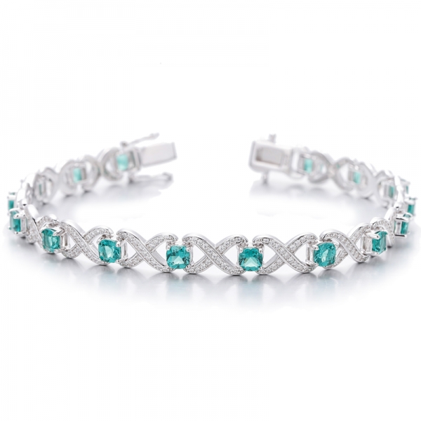Cushion Green Nano And Round White Cubic Zircon Rhodium Silver Bracelet 