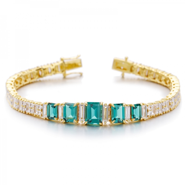 Emerald Cut Diamond Pink And Baguette White Cubic Zircon Silver Bracelet With Rose Gold Plating 