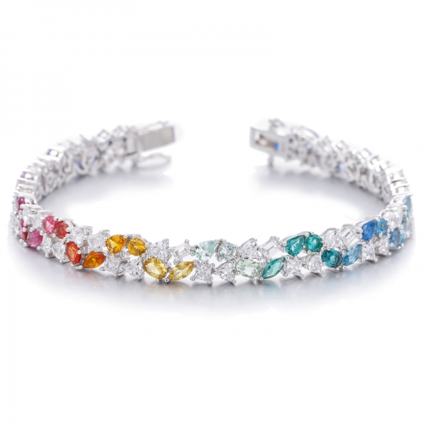 Pear Shape And Marquise Multi Color Cubic Zircon Rhodium Silver Bracelet 