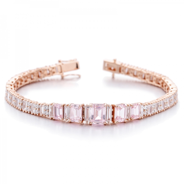Emerald Cut Diamond Pink And Baguette White Cubic Zircon Silver Bracelet With Rose Gold Plating 