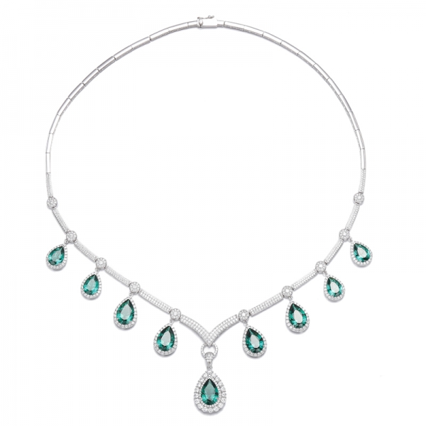 Pear Shape Blue Nano And Round White Cubic Zircon Rhodium Silver Necklace 