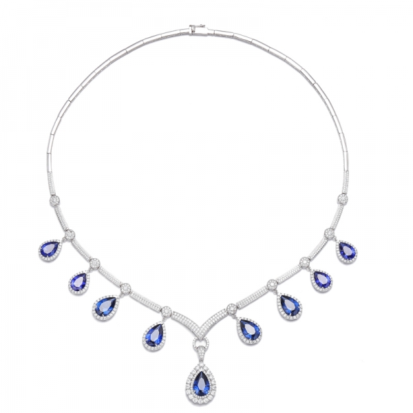 Pear Shape Blue Nano And Round White Cubic Zircon Rhodium Silver Necklace 