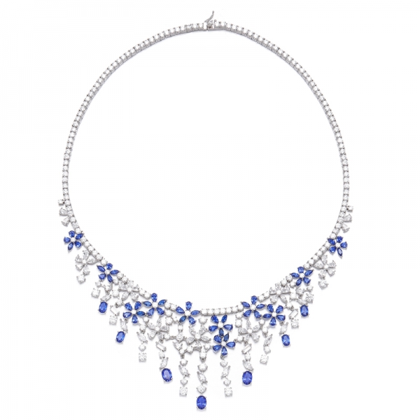 Marquise Blue Nano And Pear Shape White Cubic Zircon Rhodium Silver Necklace 