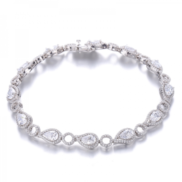 Pear Shape Blue Nano And Round White Cubic Zircon Rhodium Silver Bracelet 