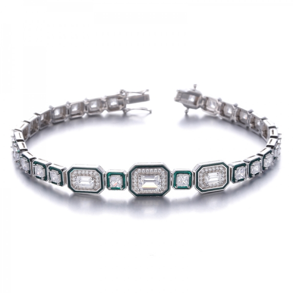 Emerald Cut And Square White Cubic Zircon Rhodium Silver Bracelet With green Enamel 