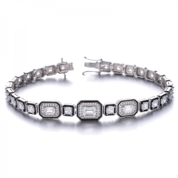 Emerald Cut And Square White Cubic Zircon Rhodium Silver Bracelet With green Enamel 