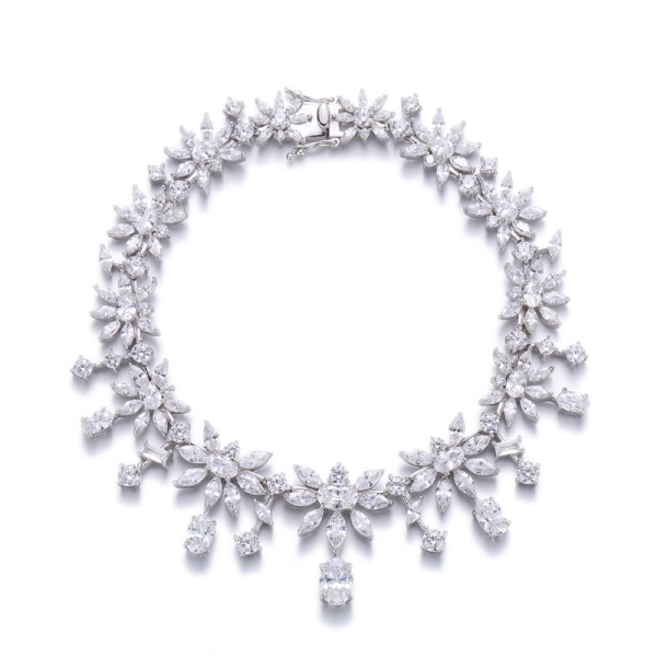 Oval Shape Blue Nano And Marquise White Cubic Zircon Rhodium Silver Bracelet 
