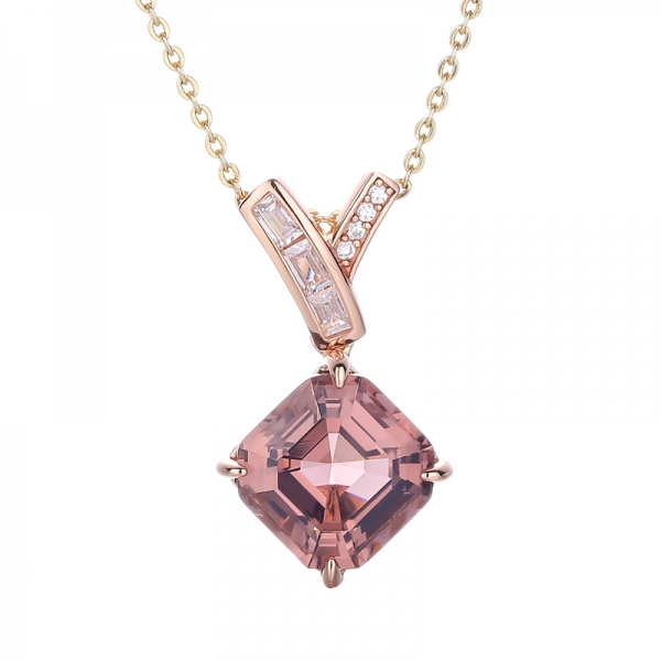Asscher Morganite Nano And Baguette White Cubic Zircon Silver Pendant With Rose Glod Plating 