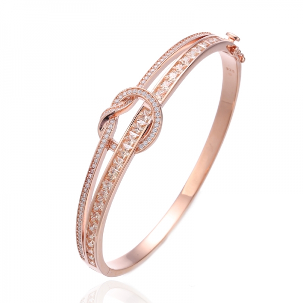 Square Champange And Round White Cubic Zircon Silver Bangle With Rose Gold Plating 