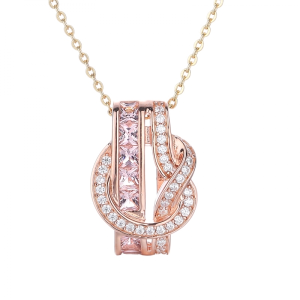 Square Morganite Nano And Round White Cubic Zircon Silver Pendant With Rose Glod Plating 