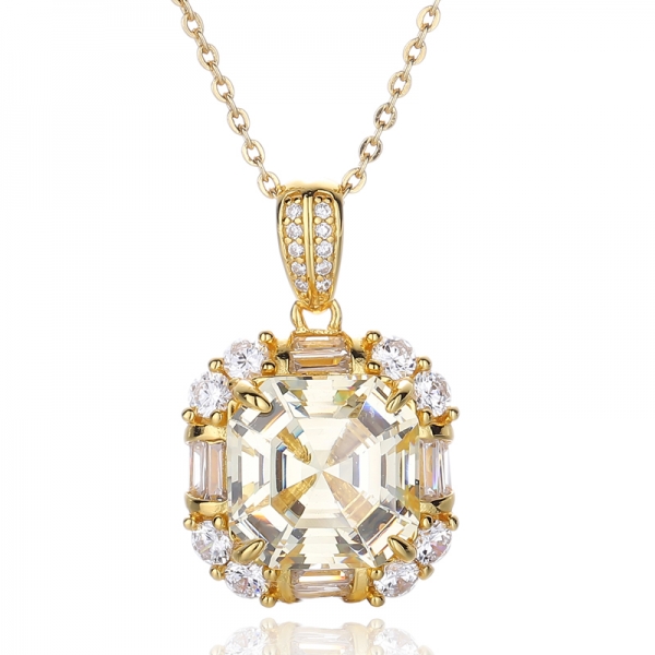 Asscher Pink And Baguette White Cubic Zircon Silver Pendant With Rose Glod Plating 