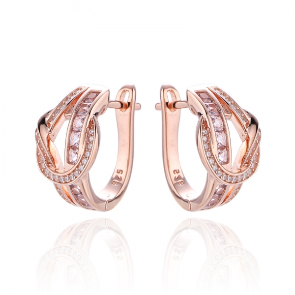 Square Morganite Nano And Round White Cubic Zircon Silver Earring With Rose Glod Plating 