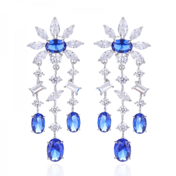 Oval Shape Blue Nano And Marquise White Cubic Zircon Rhodium Plating Silver Earring 