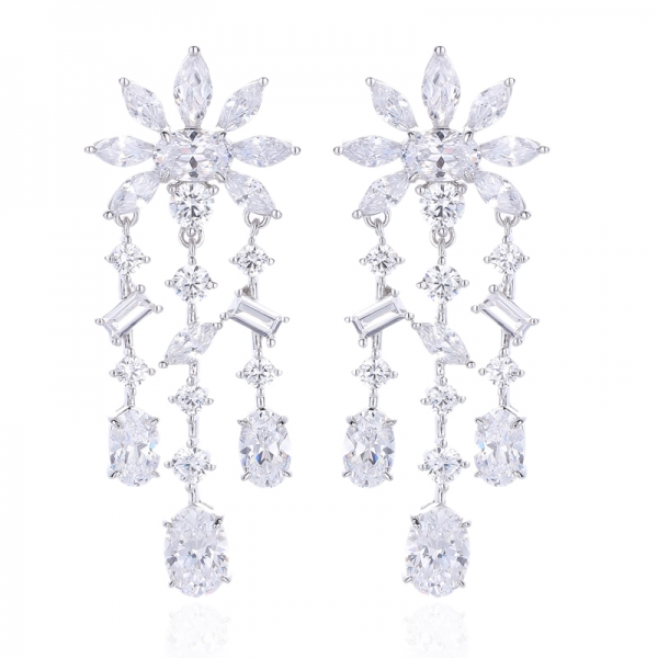Oval Shape Blue Nano And Marquise White Cubic Zircon Rhodium Plating Silver Earring 