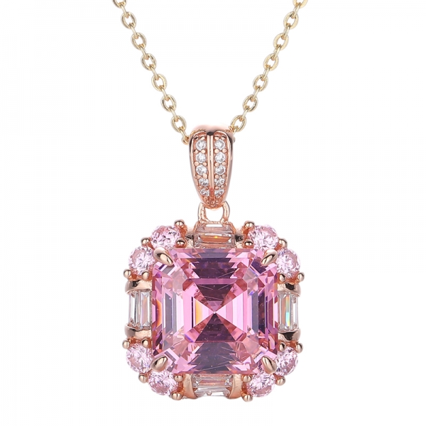 Asscher Pink And Baguette White Cubic Zircon Silver Pendant With Rose Glod Plating 