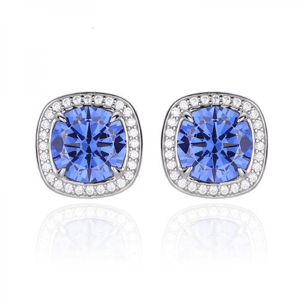 Round Shape Tanzanite And White Cubic Zircon Rhodium Plating Silver Earring 