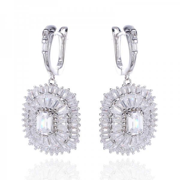 Emerald Cut Tanzanite And Baguette White Cubic Zircon Rhodium Silver Earring 