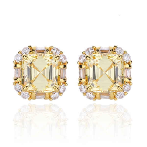 Asscher Canary And Baguette White Cubic Zircon Silver Earring With Glod Plating 