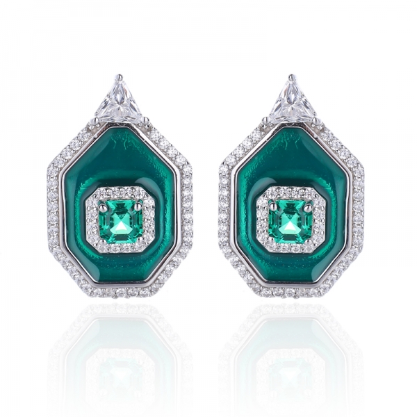 Asscher Green Nano And Trillion White Cubic Zircon Rhodium Silver Earring With Green Enamel 
