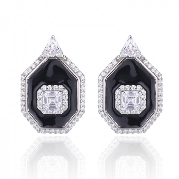Asscher Green Nano And Trillion White Cubic Zircon Rhodium Silver Earring With Green Enamel 