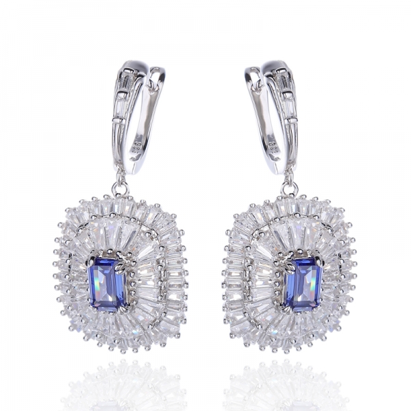Emerald Cut Tanzanite And Baguette White Cubic Zircon Rhodium Silver Earring 