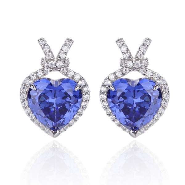 Heart Shape Tanzanite And Round White Cubic Zircon Rhodium Plating Silver Earring 