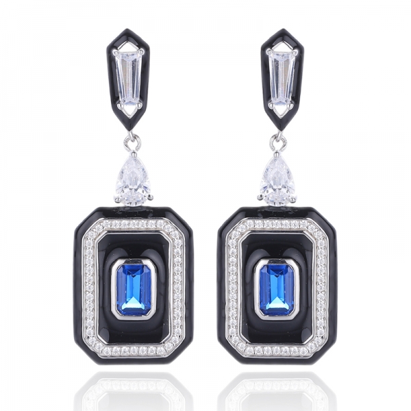 Emerald Cut And Pear Shape White Cubic Zircon Rhodium Silver Earring With Green Enamel 