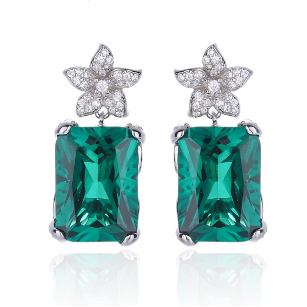 Octagon Green Nano And Round White Cubic Zircon Rhodium Plating Silver Earring 