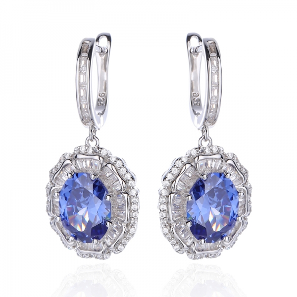 Oval Shape Tanzanite And Baguette White Cubic Zircon Rhodium Plating Silver Earring 
