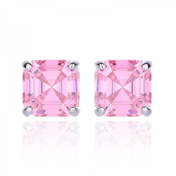 925 Asscher Pink And Round White Cubic Zircon Rhodium Plating Silver Earring 