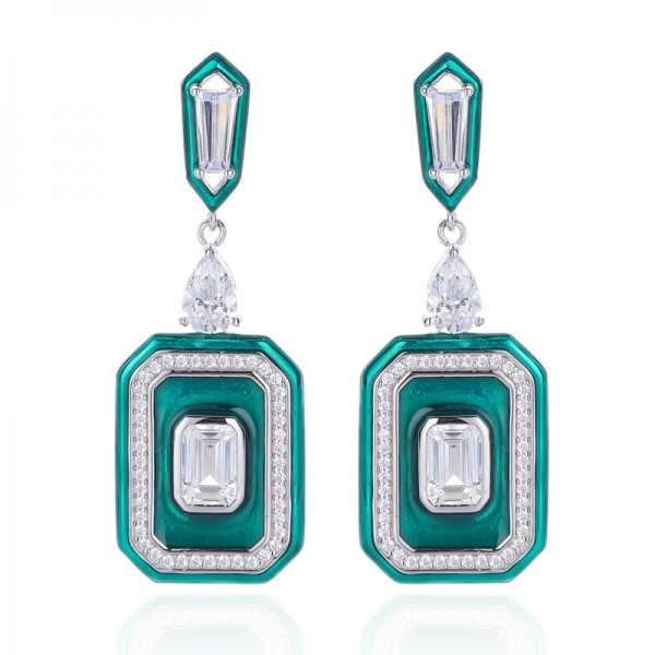 Emerald Cut And Pear Shape White Cubic Zircon Rhodium Silver Earring With Green Enamel 